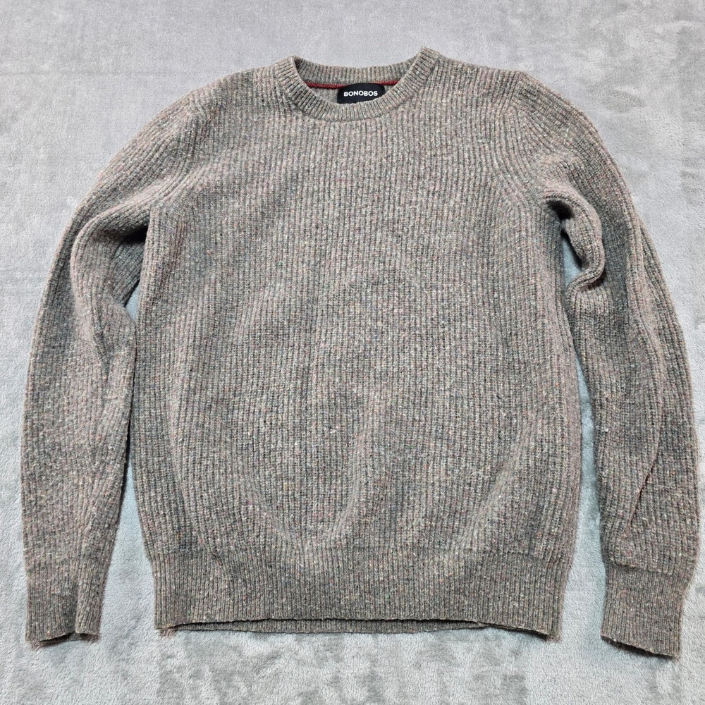 Bonobos Sweater Mens Small Grey Brown Ribbed Extra Fine Merino Wool Donegal